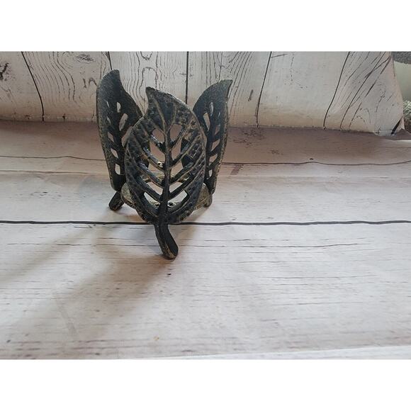 Cast Iron Leaf Candle Holder Black & Gold, 3 Leaves Indoor/6Outdoors - Picture 1 of 7